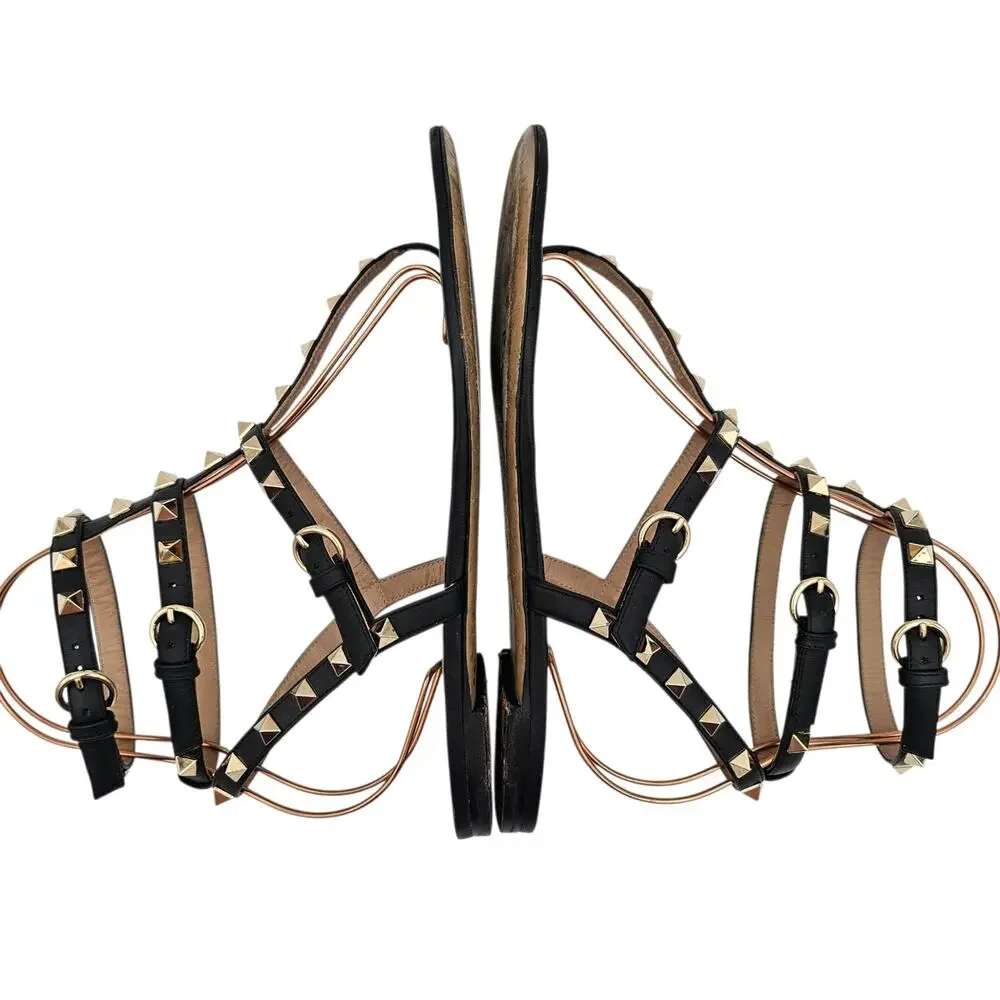 Valentino Garavani Rockstud Black Leather Cage Gladiator Flat Sandal Size 39 9